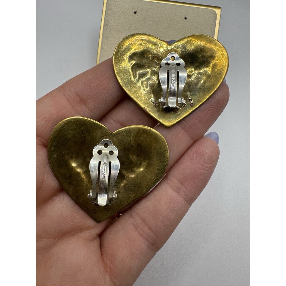 Vintage Sterling Silver & Brass Jeep Collins Retired Large Heart Clip Earrings - Picture 3 of 6